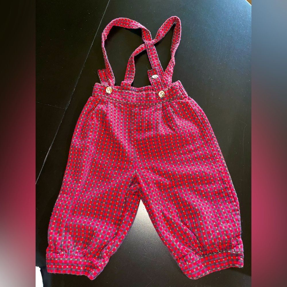 Vintage kid toddler knickers red plaid w suspenders sz 4T cropped pants